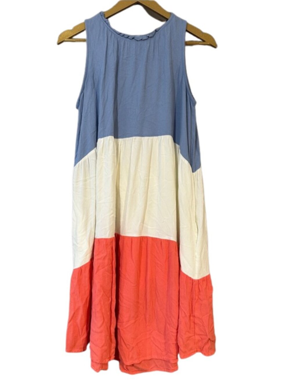 L Love Colorblock Dress Size S Blue Cream Coral Sleeveless Flowy Relaxed Fit